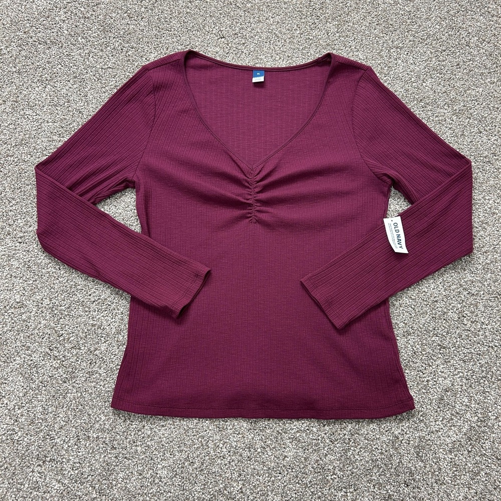 Old Navy Shirt Womens XL Purple Ribbed V Neck Long Sleeve Stretch Knit Top